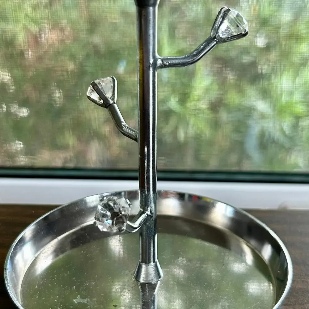Vintage Chrome Vanity Mirror with Rhinestone Accents and Jewelry Tray – 11”